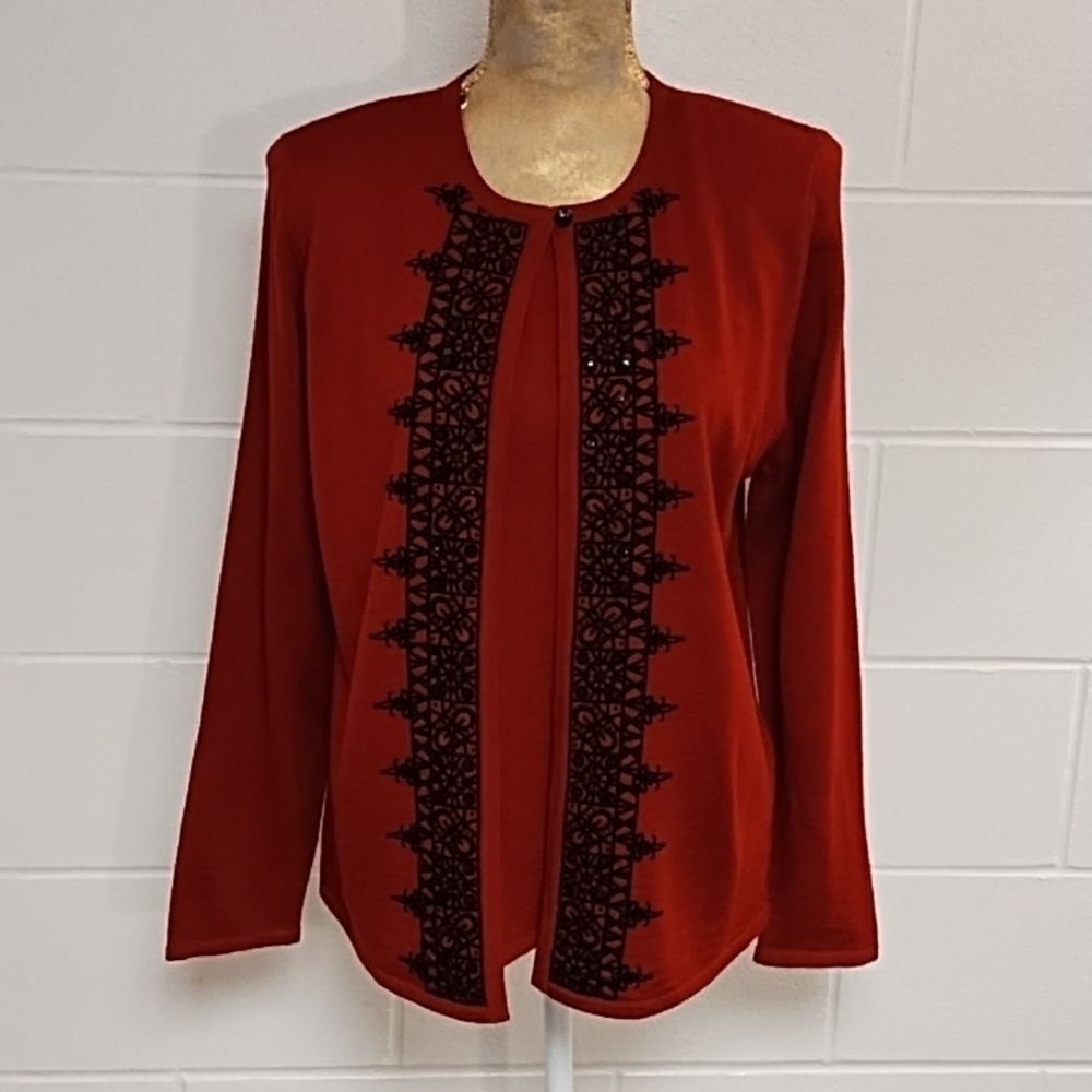 Alfred Dunner Dark Red Twofer Cardigan Shell Sweater Beaded Sequined Wool Blend